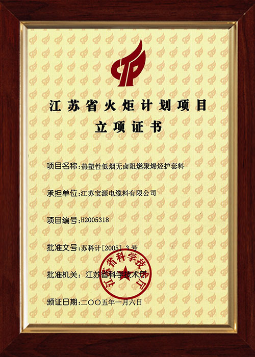 江蘇省火炬計劃項目立項證書