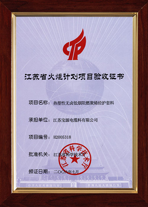 江蘇省火炬計劃項目驗收證書